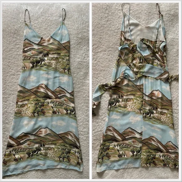 RARE Reformation Dietrich Landscape Mountains Blue Midi Slip Dress sz 2